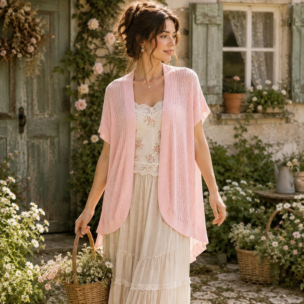 August Silk Open Knit Chiffon Long Cardigan Duster XL Peach Cottage Romantic